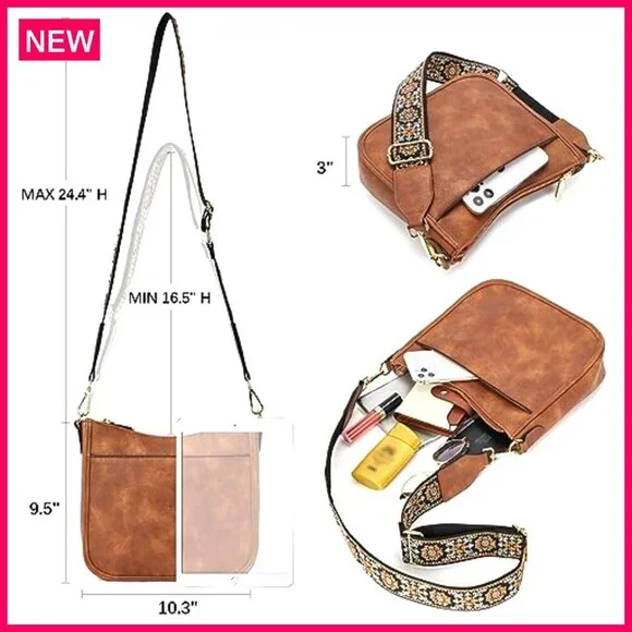 Vegan Leather Crossbody Bag with Wide Strap, Adjustable Hobo Purse - Picture 5 of 8